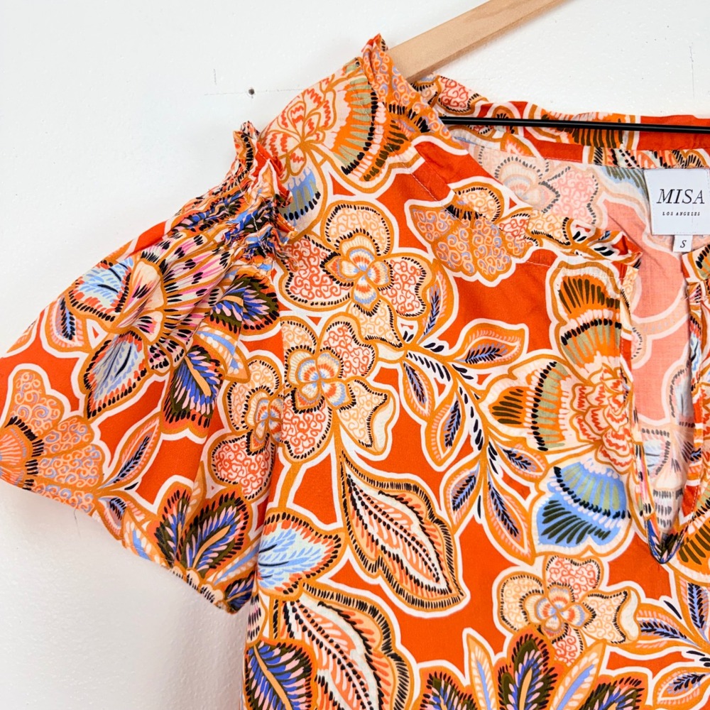 Misa Los Angeles Floral Blouse Womens S Orange Cotton Flutter Sleeve Suparna Top - Picture 4 of 14